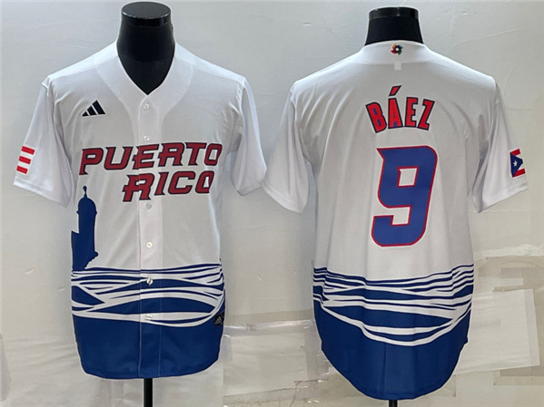 Men's Puerto Rico Baseball #9 Javier Báez 2023 White World Baseball Classic Stitched Jersey